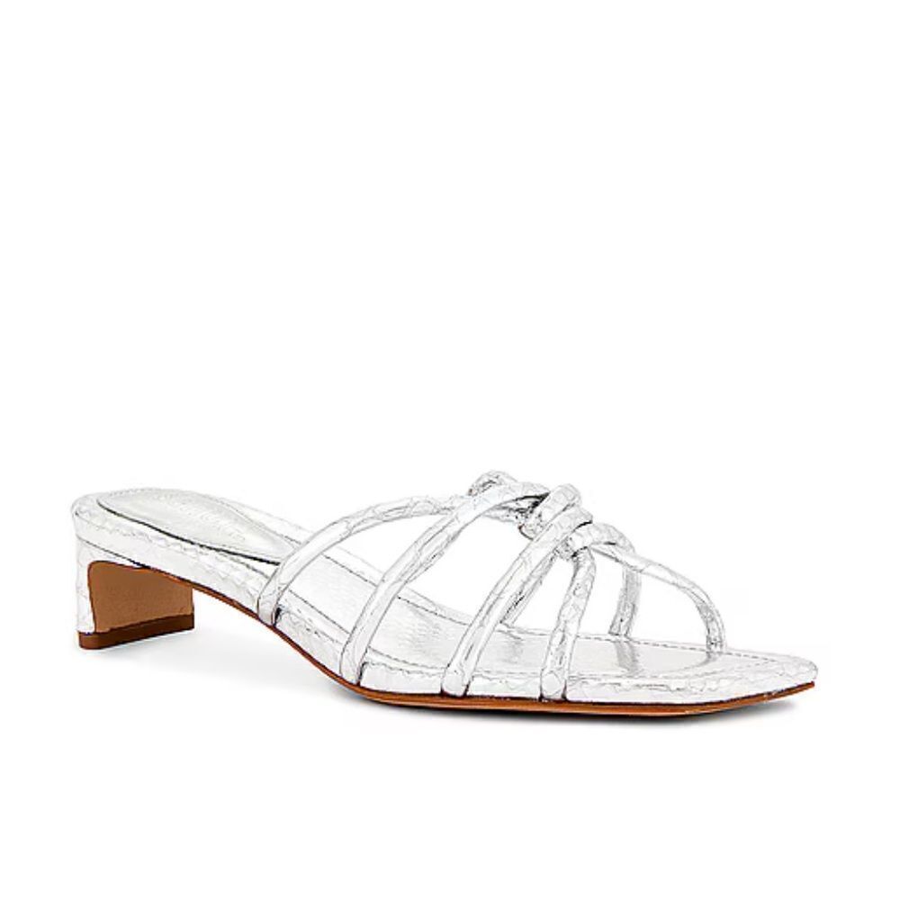 Schutz Rachel Mules shoes sandals silver strappy low heels party Revolve 10